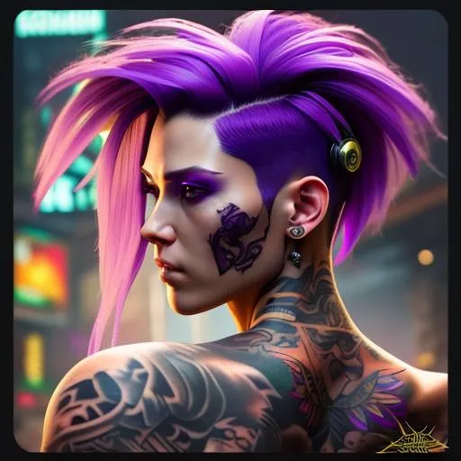 Prompt: ((best quality)), ((masterpiece)), ((realistic)), (detailed), woman, sfw, arm tattoo, cyberpunk fashion, nose ring, impants, long hair, Short pixie with straight hair and undercut, big purple eyes, (looking at viewer:1. 2), (high angle shot:1. 3), colorful tattoos, pink hair, detailed background, in the night city, portrait, smiling, seductive look, night, close up face shot, soft lights, 8k, realistic, RED V-Raptor, raytracing, focus face