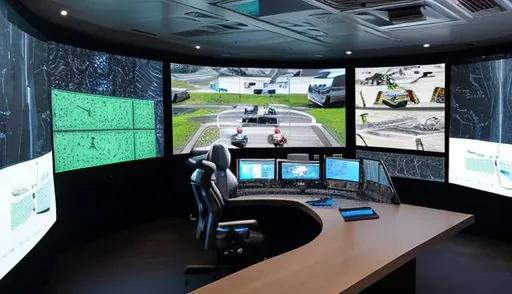 Prompt: remote operation room for control of autonomous vehicles, a female human visible just a bit, several large screens, one of the screens shows a truck, there is a joystick
