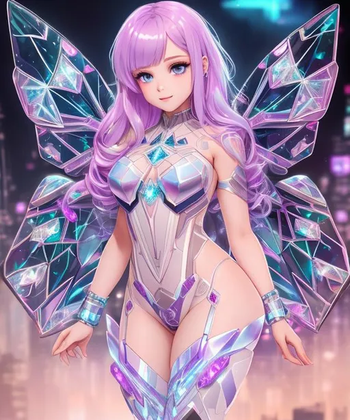 Prompt: ((crystal fairy)), cyberpunk, 6 diamond shaped moth wings, 10 year old girl, cybernetic dress shirt, long hair, pale skin, small chest, grin, crystals, crystalized buildings, thicc thighs, wide hips, symmetrically colored hair, ((full body)) {{good looking}} {{cute}} {{good body}} {{tight}}, {{shadows}},