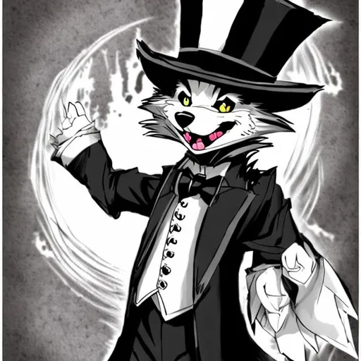 Prompt: an anime wolf drawn black and white that has a top hat
 and a old school style and smiling
with anime drawing and not a cute style an gentleman style