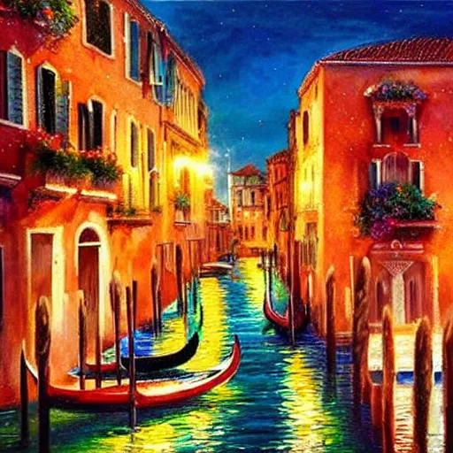 Prompt: colorful oil painting of the venetian night life with beautiful lights
