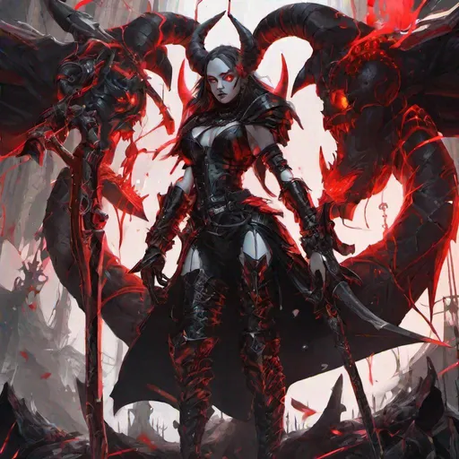 Prompt: gothic, demon battle, black, red, neon, cyber style, middle ages, woman, powerful, armor, scythe, horns, implants, fire, earth. fantasy