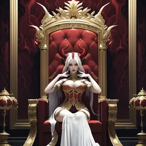 Prompt: Female figure, imposing presence with striking red skin and elegant red horns, cascading white hair, regal attire adorned with gold accents, exuding an aura of royalty and power, luxurious background featuring opulent throne room with grand decorations, rich colors contrasting beautifully, ethereal lighting casting a soft glow, ultra-detailed, 4K, cinematic atmosphere, captivating and majestic feel throughout the composition.