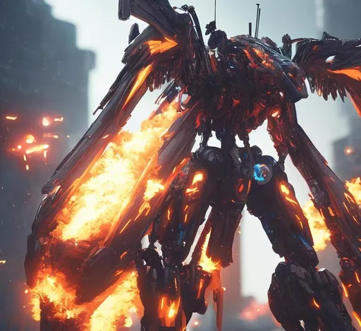 Prompt: Cyberpunk mech on fire with wings in an air battle


