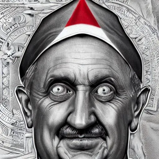 Prompt: hyper realistic hyper real vatican pope with hitler mustash and 666 drawn in red ink on forehead in red ink  in front of upside down american flag mark of beast on skin inside the vatican federal reserve wearing 666 all over