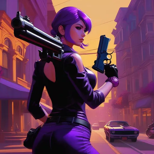 Prompt: Anime girl in Saints Row, guns, cartoony, purple atmosphere, extremely detailed painting by Greg Rutkowski and by Henry Justice Ford and by Steve Henderson