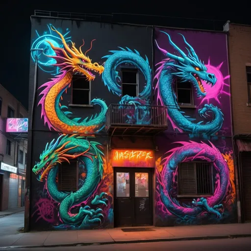 Prompt: (neon dragons on the side of 20 buildings) in the style of spray painted graffiti, vibrant and electric colors, urban atmosphere, gritty and edgy, intricate and detailed designs, night time setting, glowing effects, illuminated cityscape in the background, dark alleys, modern street art, city lights reflection, moody and artistic, ultra-detailed, 4K quality, cinematic lighting, masterpiece of urban art, eye-catching, energetic mood.