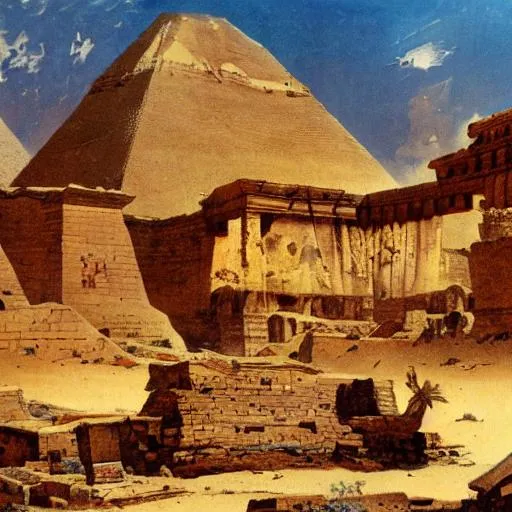 Prompt: Egyptian ruins surrounded by desert cliffs by Frank Frazetta