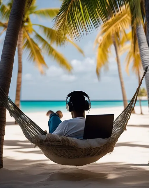 Prompt: A remote worker sitting relaxed on a tropical beach with coconut trees swaying in the breeze behind them. They type on a laptop while chilling in a hammock wearing headphones, focused yet comfortable. Natural lighting filters through the palm fronds. Shot with a Fujifilm X-T4 with 35mm lens. The mood is peaceful productivity and freedom. In the style of before-and-after storytelling photography.