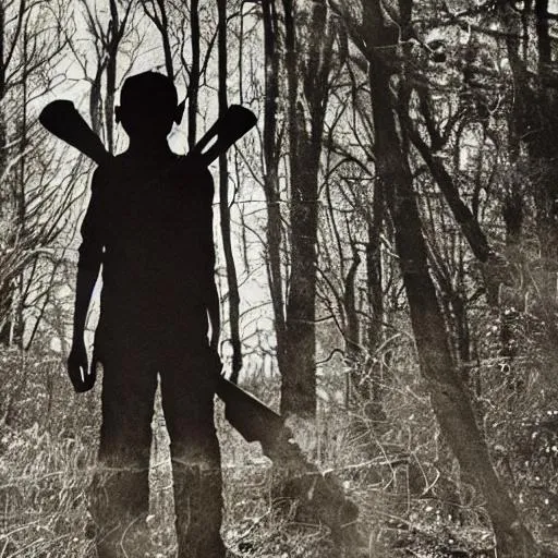 Prompt: A photograph of a shadow creature that is slowly evolving into a ten year old boy carrying a hatchet