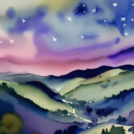 Prompt: Starlight over a meandering valley in watercolor