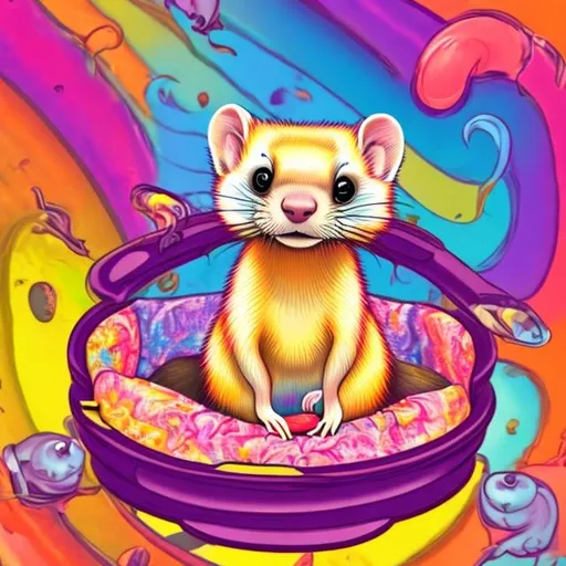 Prompt: Ferret in a bed in the style of Lisa frank