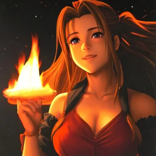 Prompt: A dark, spooky image of Aerith from Final Fantasy smiling innocently with fire in the background