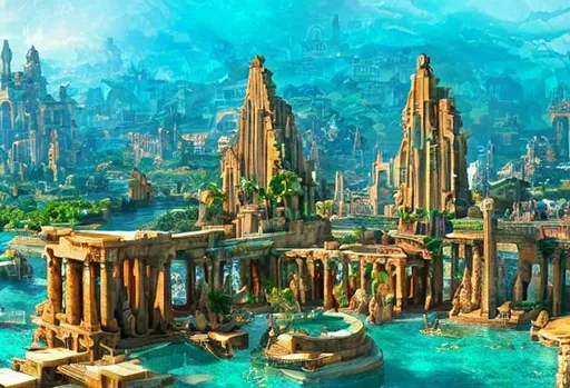 Prompt: City of Atlantis that captures its mystery vibrancy and grandeur, massive pillars, arches, temples and majestic palaces and buildings,  lush greenery and water, beautiful colors, award winning, cinematic, epic, heavenly, extremely beautiful, magical, crisp clear quality fantastic view
