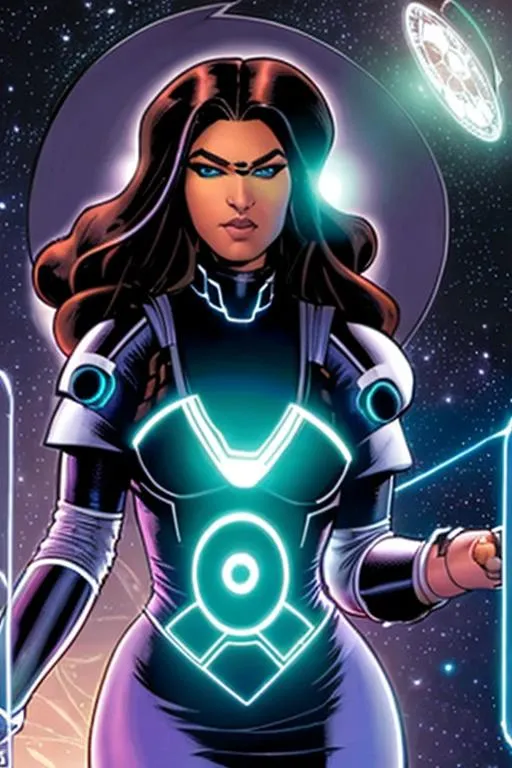 Prompt: Hope Alguin--dark-skinned curvaceous cyborg beauty--uses a quantum computer to scan the Omniverse for any trace of her lost android muse-brother, Philo Layne. art by Juan Gimenez and Adi Granov