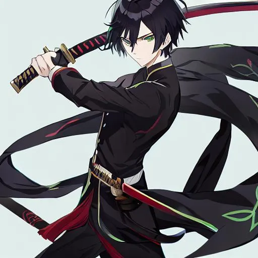 Prompt: Anime boy attractive holding sword black hair, green eyes