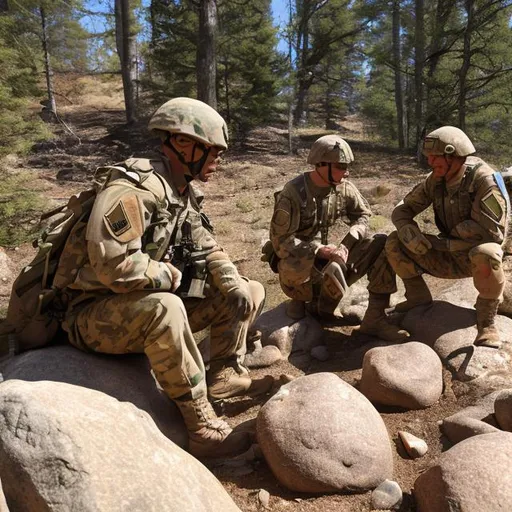 Prompt: Soldiers drinking Folgers behind boulders