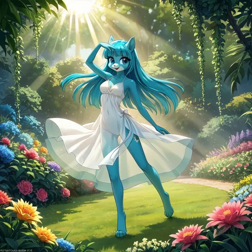 Prompt: ultra-detailed pony girl furry, (slim, cute, athletic), dancing in her garden,  wearing a translucent sun dress.  

soft sunlight creating delicate shadows, lush greenery and colorful flowers surrounding her, a whimsical and enchanting ambiance, capturing motion and vitality, magical feel of a sunny day, serene atmosphere.