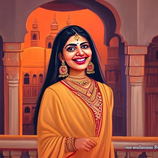 Prompt: Punjabi girl, punjabi dress,smiling,, standing in balcony, dark colour,animated, asthetic art,painting 