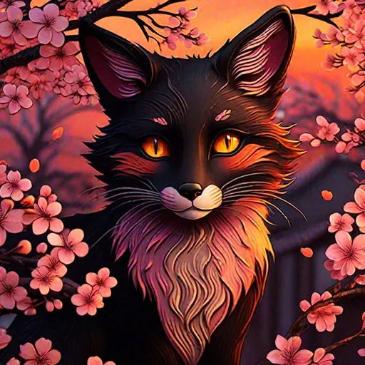 Prompt: Le Chat Noir style, fox, sunset colors, big emotional eyes, cherry blossom background, highly detailed, concept art, best quality, masterpiece 