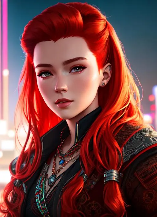 Prompt: Portrait of aloy with red hair and with serous face, future neon city, perfect composition, hyperrealistic, super detailed, 8k, high quality, trending art, trending on artstation, sharp focus, studio photo, intricate details, highly detailed (((godess))),full body