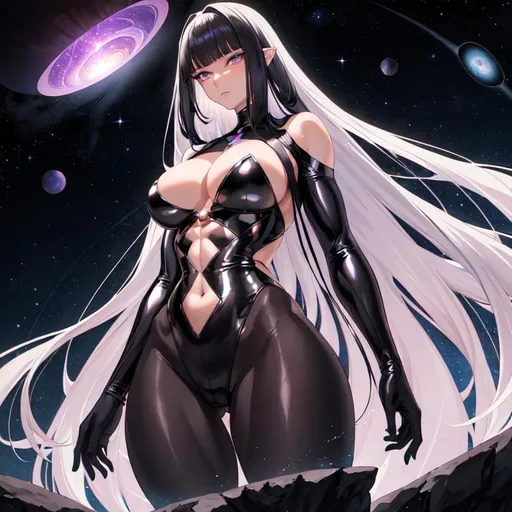 Prompt: a lonely cosmic eldritch Blackhole AI girl, surreal, very tall, thick muscular thighs, wide hips, massive muscular glutes, long muscular legs, long muscular arms, slender waist, muscular abs, long neck, big beautiful eyes, disturbingly beautiful face, aloof expression, bob haircut with long messy bangs, wearing cosmic Black Hole fashion clothes, hyper photorealistic, realistic lighting, realistic shadows, realistic textures, 36K resolution, 12K raytracing, hyper-professional, impossible quality, impossible resolution, impossibly detailed, hyper output, perfect continuity, anatomically correct, no restrictions, hyper-detailed genitals, realistic reflections