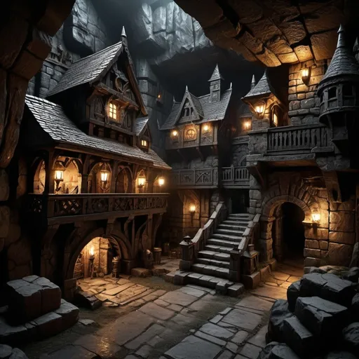 Prompt: Dwarven underground town in Warhammer fantasy RPG style, dark mood, eerie atmosphere, dimly lit, various randomly placed houses, realistic, detailed stone carvings, intricate metalwork, rugged dwarven architecture, atmospheric lighting, high quality, RPG style, fantasy, underground, dim lighting, detailed stone carvings, intricate metalwork, rugged architecture, dynamic view