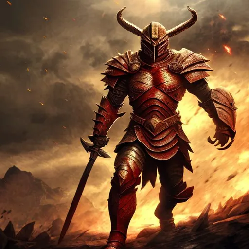 Prompt: Spartan fighter, ultra realistic, daylight shining armour, soldier, battlefield golden fighting giant red dragon with shimmering scales, cataclysmic event in the background