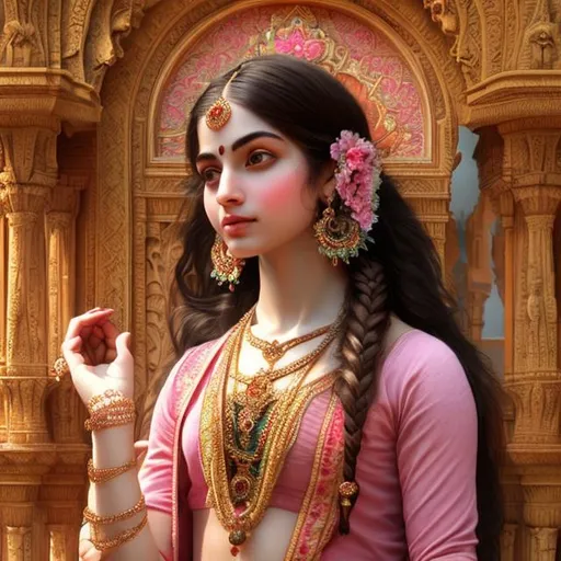 Prompt:  Radha goddesss, perfect beauty, natural light, Soft Body, front pose, perfect anatomy, RTX, De-Noise,  detailed and intricate, , elegant, ornate, hyper realistic, super detailed, portrait, Beautiful gorgeous,  pink and red cardigan, 9k, happy, fair colour