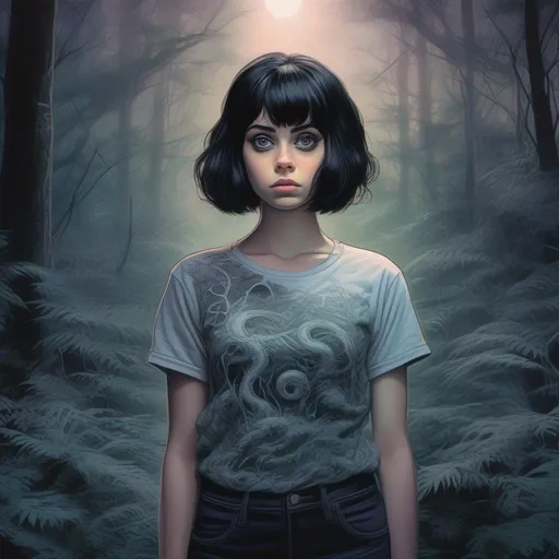 Prompt: a beautiful girl, black short hair, big eyes, T shirt , standing in a forest at night, fear , biomorphic , muted pastel colors palette, by  Callie Fink, SIYA OUM, GIGER, Datamoshing , Vaporware, ink wash painting, aesthetic , centered, 16k, HQ, perspective ,insanely detailed and intricate, hyper realistic, cgsociet, dynamic pose