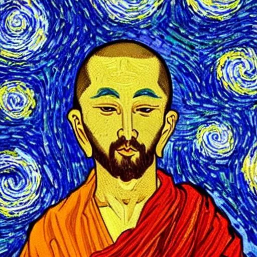 Prompt: Jesus as a Buddhist monk in the style of Van Gogh 