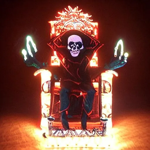 Prompt: ultra realistic skull king on a throne with glowing lights
and eat Mark