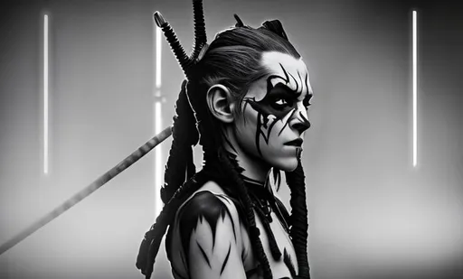 Prompt: monochrome, kristen stewart, detailed face, beautiful, skinny, starved, anorexic detailed face, darth maul facepaint, tattoos, general grevious arms, katanas, black armor, silver armor plates