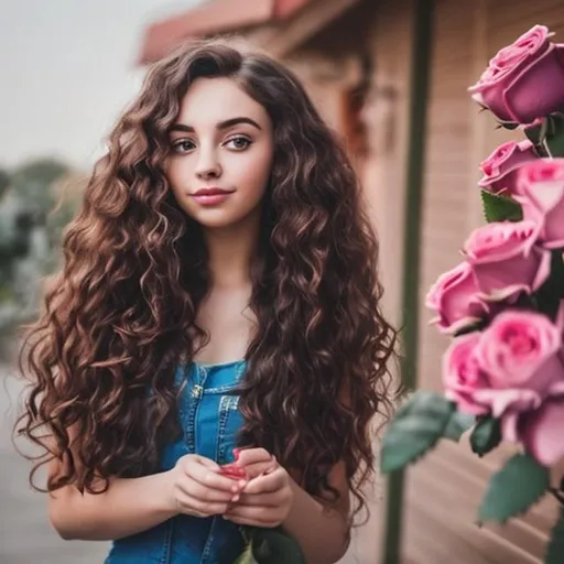 Prompt: A fair girl with long curly hairs holding roses in her hand