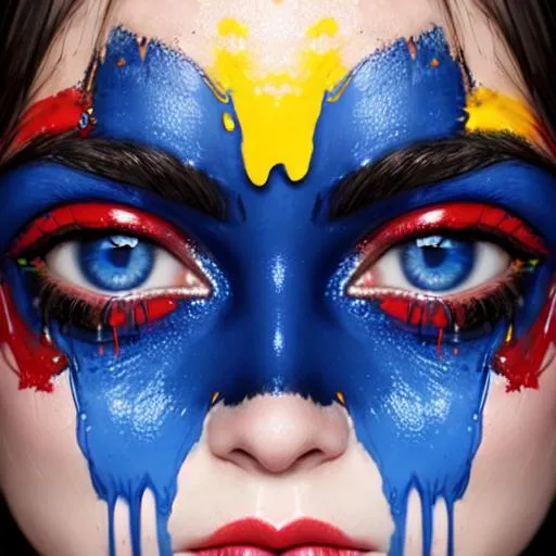 Prompt: face dripping  paint in primary colors, blue eyes, facial closeup