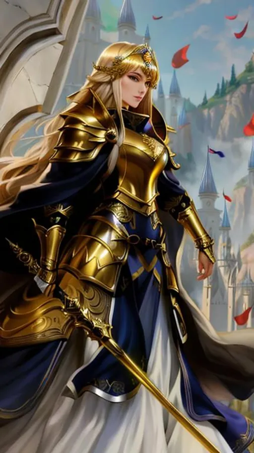 Prompt: beautiful, big breasted, fantasy woman wearing golden full plate armour over chainmail underlay, standing in hills, symmetrical face, symmetrical matching big bright grey eyes, long blonde hair, wide thick feminine lips, straight nose, very wide hips, defined abs, broad shoulders, very large arms, high cheekbones, , 2k, muted lighting, facing camera