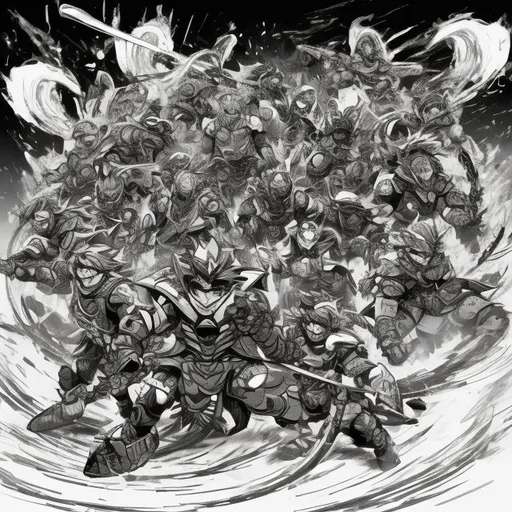 Prompt: Illustrate an intense and dynamic scene set in a vast battle arena. The focus is on a group known as the “Battle Brigade”. The members of this brigade are diverse in age, gender, and appearance, each with a unique and intricately designed Beyblade spinning top. The Beyblades emanate energy and power, with sparks flying and the ground beneath them slightly cracked from the intensity of their spins. The arena is filled with a roaring crowd, banners with the “Battle Brigade” emblem, and dramatic lighting emphasizing the high stakes of this Beyblade battle war. In the background, there are blurred Beyblades from opposing teams, hinting at the grand scale of this competition. The overall mood is electrifying, capturing the essence of both the competition and the unity of the “Battle Brigade”.