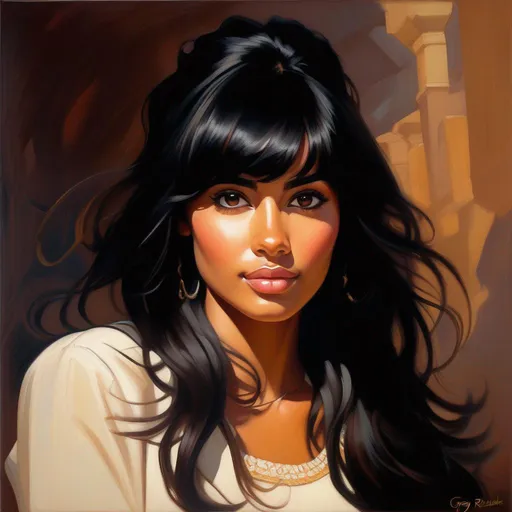 Prompt: Facial portrait of a young woman, olive skin, black hair, bangs, dark brown eyes, cartoony style, extremely detailed painting by Greg Rutkowski and by Henry Justice Ford and by Steve Henderson 
