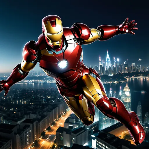 Prompt: Iron Man flying over a cityscape at night.