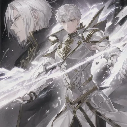 Prompt: young man, perfect face, athletic, white skin, silver hair, golden eyes, holy soldier, (military armor), battle scars, (fully body), (zoom out)