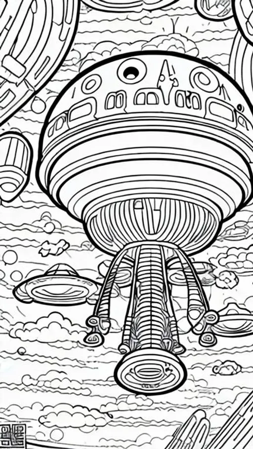 Prompt: coloring page for kids, unidentified flying object, cartoon style, heavy lines, low detail, no shading