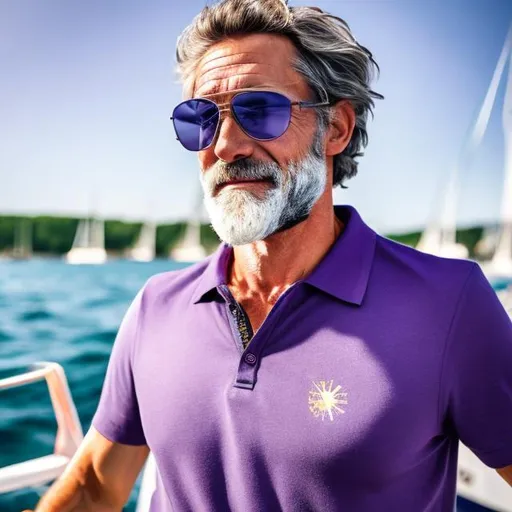 Prompt: photo of a confident, healthy, German, 45 year old, haired, grey bearded sailor looking magical and handsome wearing a purple polo shirt and modern sun glasses
while pulling the anchor on a raceboat.



