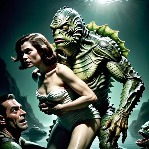 Prompt: male creature from the black lagoon monster, a woman on his back being carried to safety from battle, realistic skin texture, professional, highres, detailed, dramatic, rescue, urban, intense lighting, atmospheric