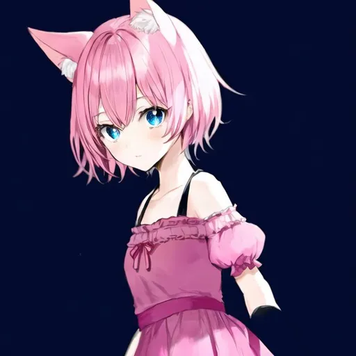 Prompt: Portrait of a cute cat girl with short, pink hair and blue eyes wearing a pink dress 