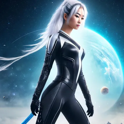 Prompt: create photograph of beautiful female ninja who is wearing bright white futuristic ninja suit,  night time and beautiful sky  space and planets an nebulae in sky highly detailed, detailed face, extremely detailed environment, extremely detailed background, extremely detailed skin, extremely detailed clothing, natural colors , professionally color graded, photorealism, 8k, realistic, moody lighting, galactic environment, volumetric lighting