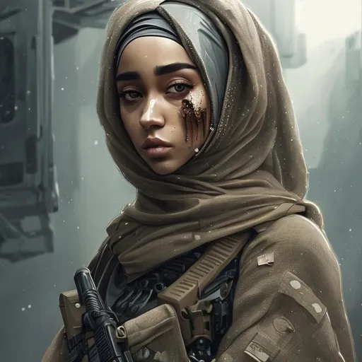 Prompt: doja cat, hijab, detailed face, beautiful face, special forces military, sniper, kevlar armor, assasin, tan poncho, scifi, futuristic, desert