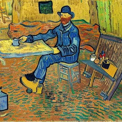 Prompt: van gogh is camping, fire , wood, coffee, audi suv