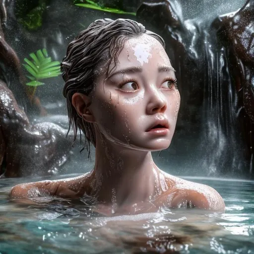 Prompt: (extremely detailed) (masterpiece) (very sharp) (8K UHD) (best quality)(hyper realistic) 
woman taking bath into hot spring, waterfall background, forest, highly delaited face, centered,detailed eyes, extremely detailed body, depth of field, absolutly real, feelings, aesthetic.