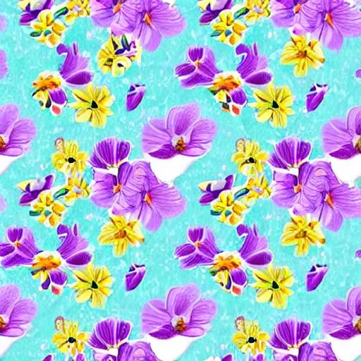 Prompt: Spring Time, Flower Pattern, Light Blue, Pink, Purple, Yellow, Colorful, Hand-Drawn, Flowers, Floral, Watercolor