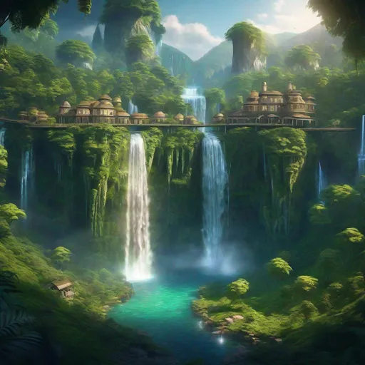 Prompt: Envision a civilization near a glowing waterfall in a lush forest. Fantasy, another dimension. Hyperrealistic, UHD, HD, 8K, houses